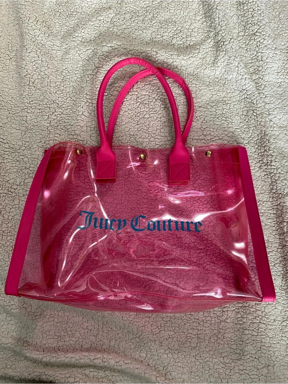 Juicy Couture Pink Clear PVC Tote Bag Blue Logo Beach Pool Shopper y2k